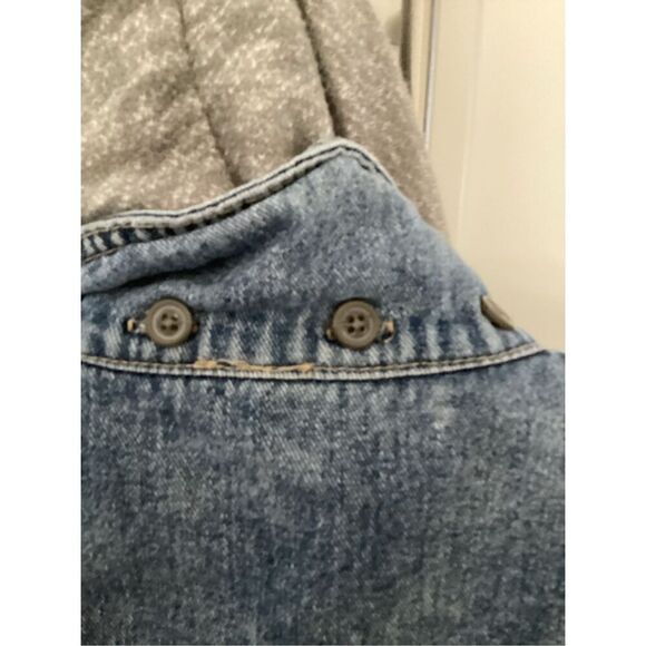 Free People Distressed Denim Jean Jacket Sz XS   Knit Sleeves Removable Hoodie - Picture 6 of 12